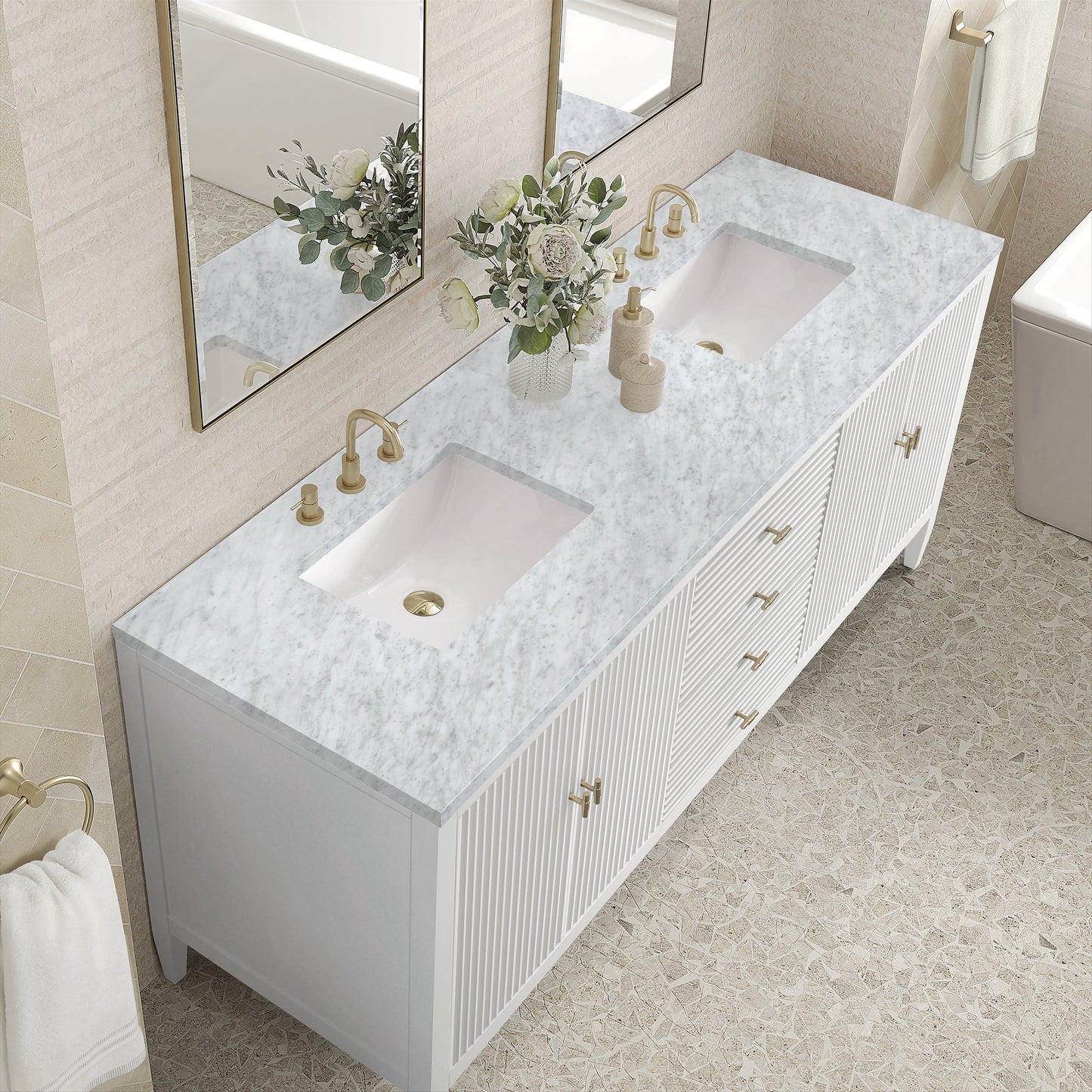 
                  
                    Myrrin 72" Double Vanity in Bright White Double bathroom Vanity James Martin Vanities Carrara White Marble 
                  
                