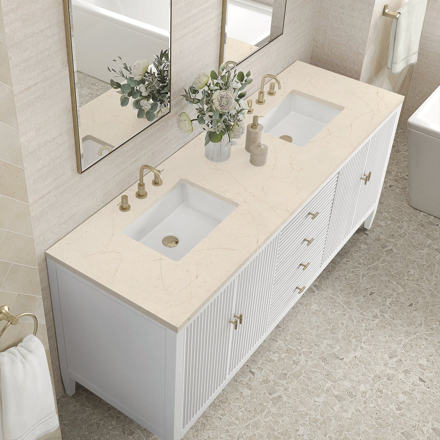
                  
                    Myrrin 72" Double Vanity in Bright White Double bathroom Vanity James Martin Vanities Eternal Marfil Quartz 
                  
                