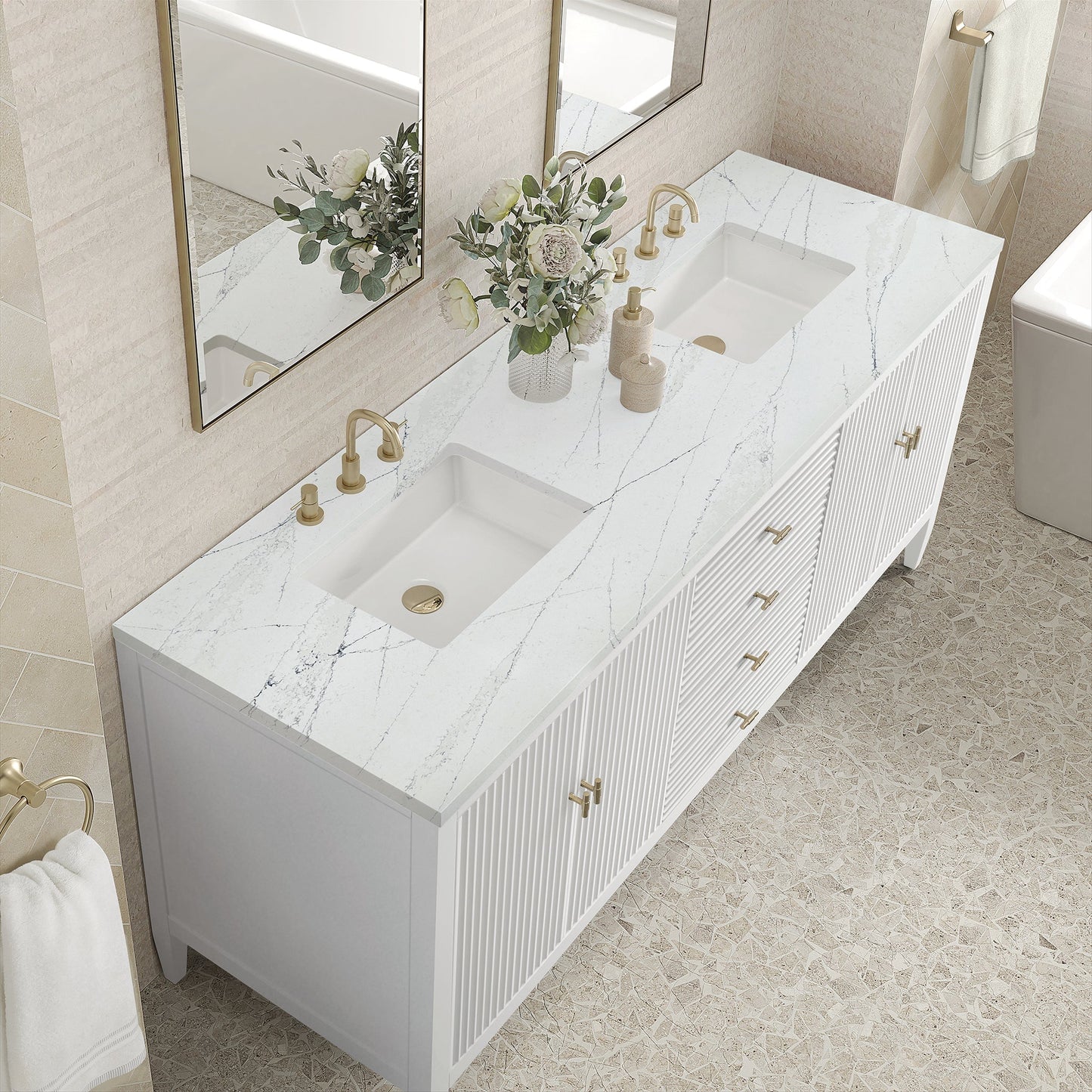 
                  
                    Myrrin 72" Double Vanity in Bright White Double bathroom Vanity James Martin Vanities Ethereal Noctis Quartz 
                  
                