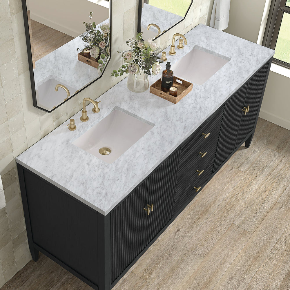 
                  
                    Myrrin 72" Double Vanity in Carbon Oak Double bathroom Vanity James Martin Vanities Carrara White Marble 
                  
                