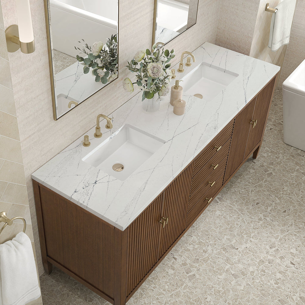 
                  
                    Myrrin 72" Double Vanity in Mid-Century Walnut Double bathroom Vanity James Martin Vanities Ethereal Noctis Quartz 
                  
                