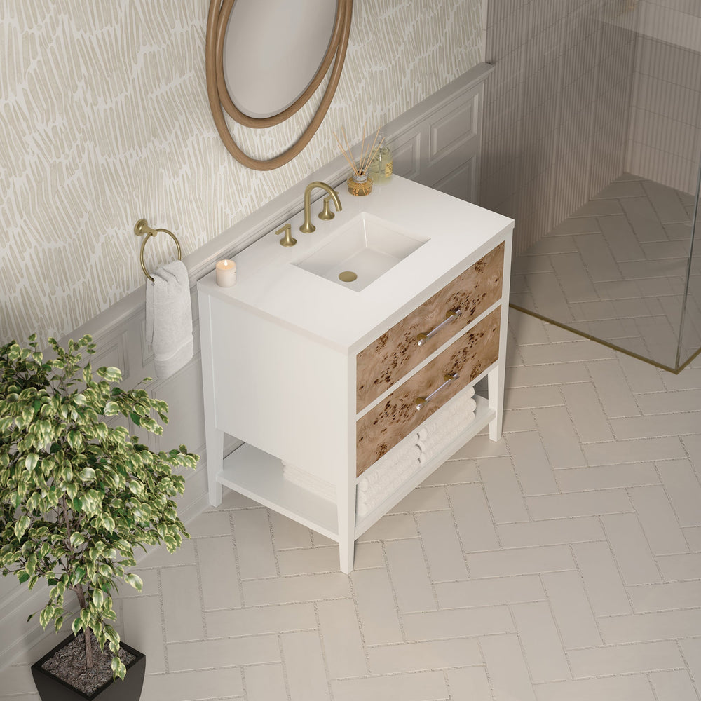 
                  
                    Olena 36" Single Vanity in Light Mappa Burl with Polished White Frame Single Bathroom Vanity James Martin Vanities 
                  
                