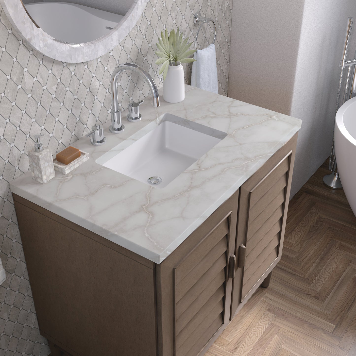 
                  
                    Portland 36" Single Bathroom Vanity Single Bathroom Vanity James Martin Vanities Victorian Silver Silestone 
                  
                