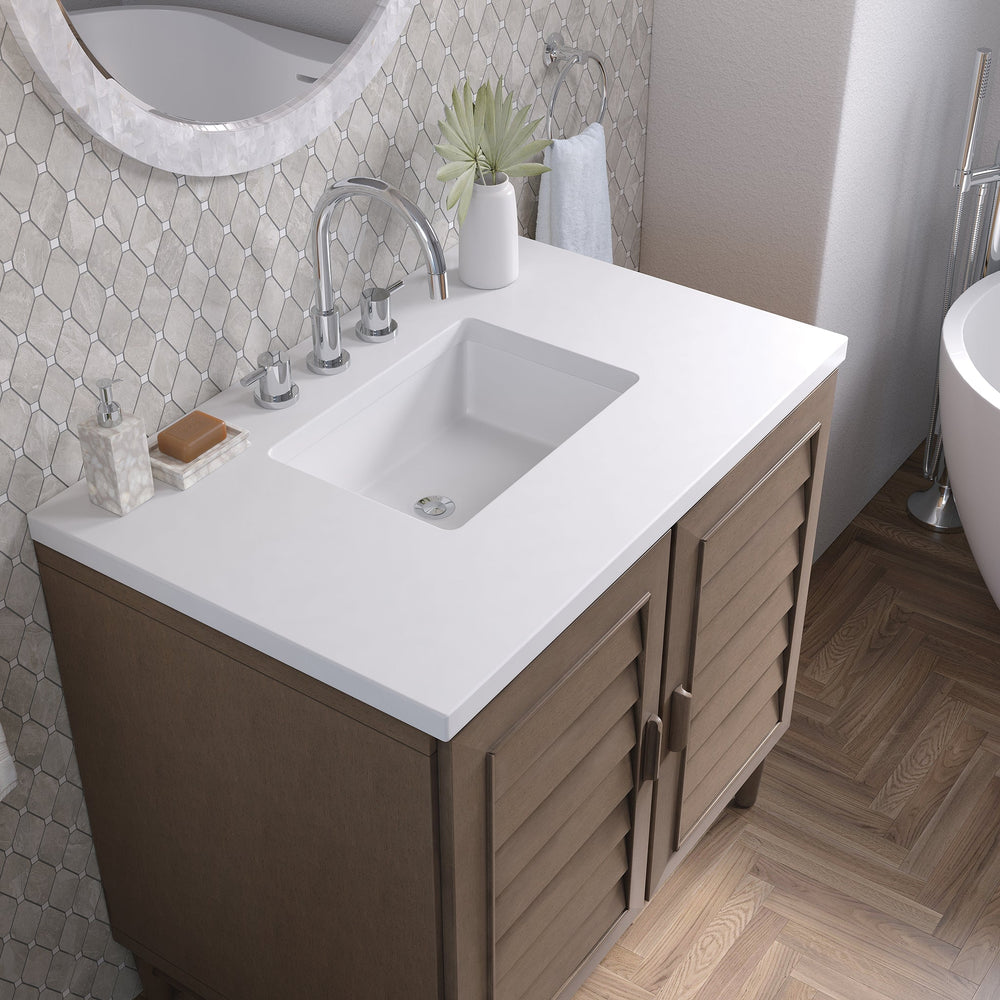 
                  
                    Portland 36" Single Bathroom Vanity Single Bathroom Vanity James Martin Vanities White Zeus Silestone 
                  
                