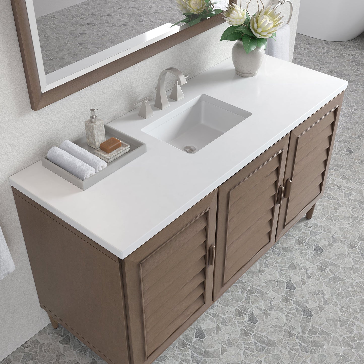 
                  
                    Portland 60" Single Bathroom Vanity in Whitewashed Walnut Single Bathroom Vanity James Martin Vanities White Zeus Silestone 
                  
                