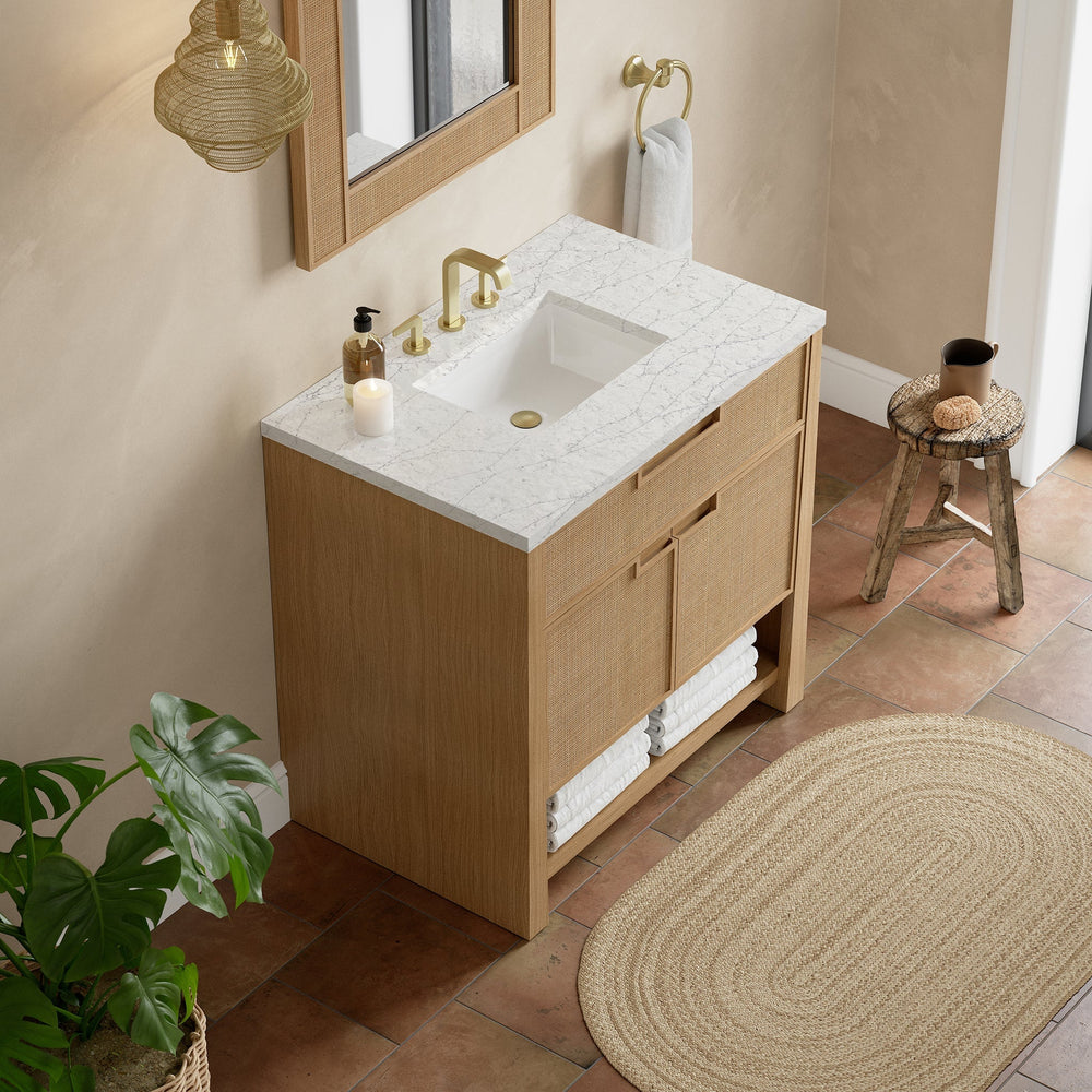 
                  
                    Solene 36" Single Vanity in Seaside Oak Single Bathroom Vanity James Martin Vanities Eternal Jasmine Pearl Silestone 
                  
                