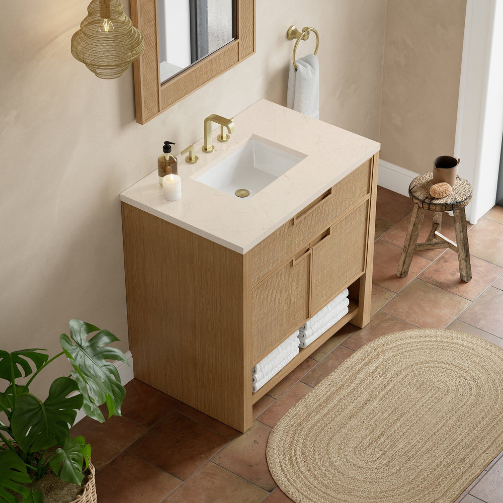 
                  
                    Solene 36" Single Vanity in Seaside Oak Single Bathroom Vanity James Martin Vanities Eternal Marfil Silestone 
                  
                