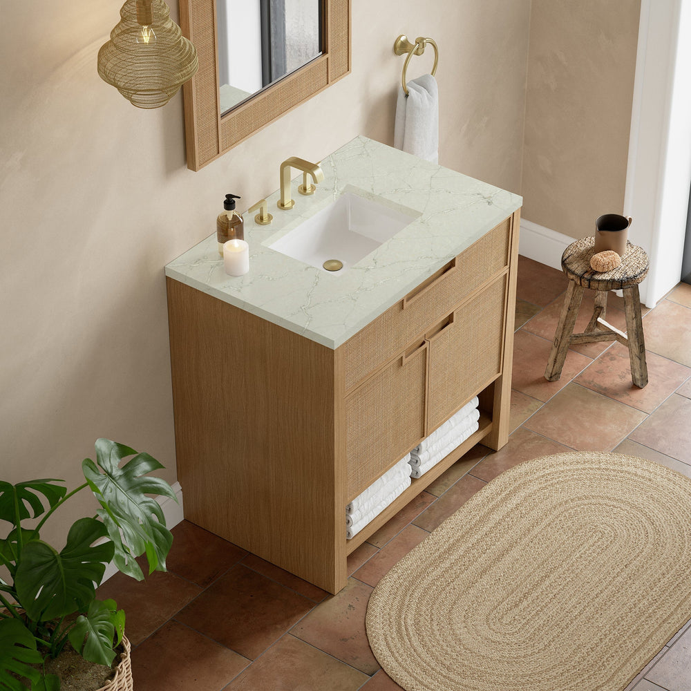 
                  
                    Solene 36" Single Vanity in Seaside Oak Single Bathroom Vanity James Martin Vanities Victorian Silver Silestone 
                  
                