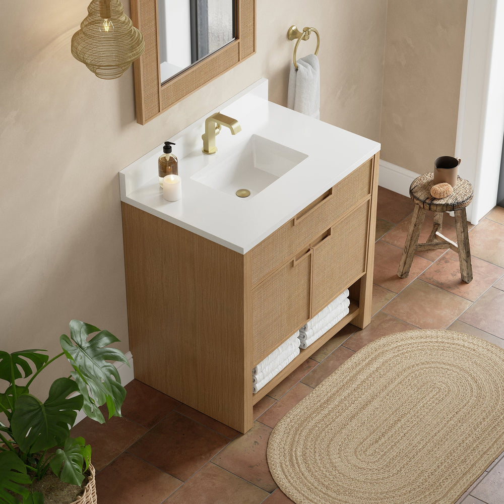 
                  
                    Solene 36" Single Vanity in Seaside Oak Single Bathroom Vanity James Martin Vanities White Zeus Single Hole Faucet Silestone w/Backsplash 
                  
                