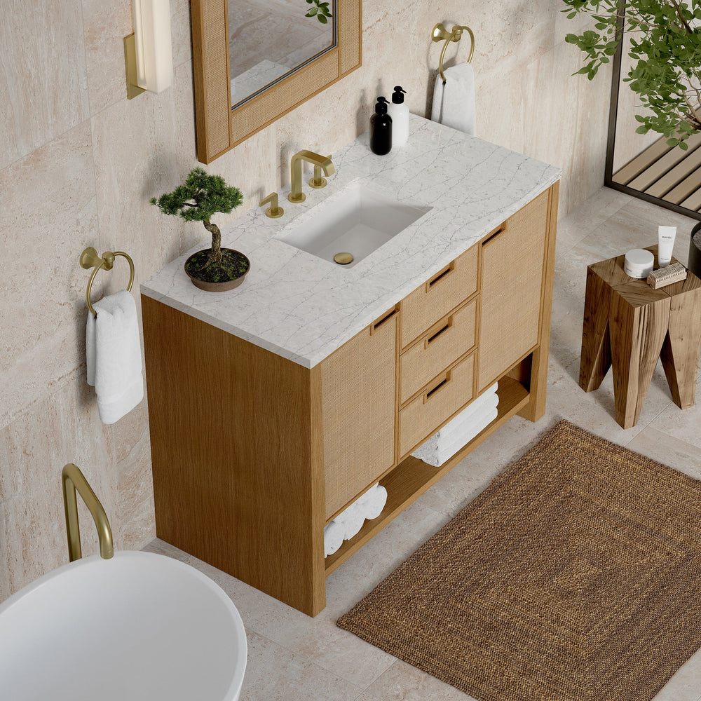 
                  
                    Solene 48" Single Vanity in Seaside Oak Single Bathroom Vanity James Martin Vanities Eternal Jasmine Pearl Silestone 
                  
                