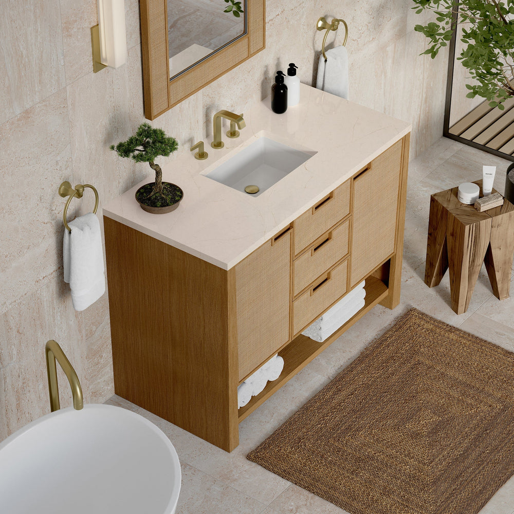 
                  
                    Solene 48" Single Vanity in Seaside Oak Single Bathroom Vanity James Martin Vanities Eternal Marfil Silestone 
                  
                