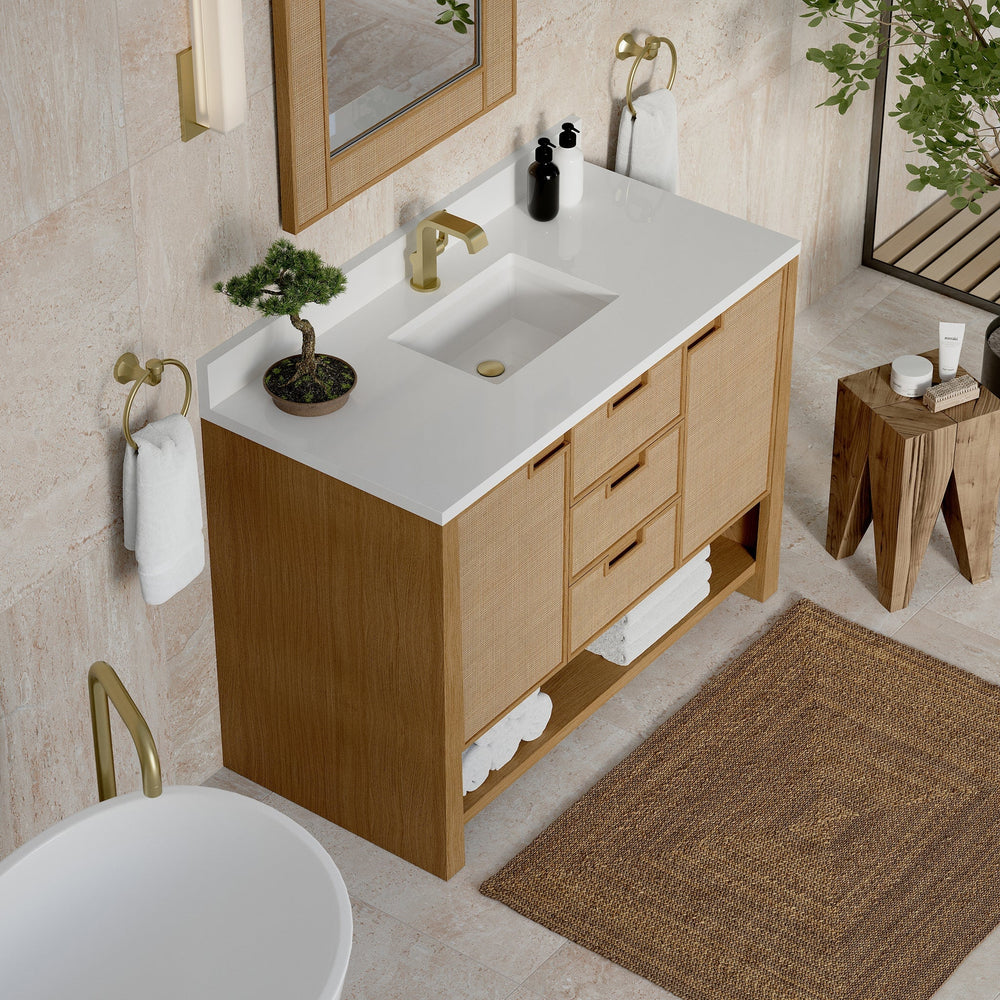 
                  
                    Solene 48" Single Vanity in Seaside Oak Single Bathroom Vanity James Martin Vanities White Zeus Single Hole Faucet Silestone w/Backsplash 
                  
                