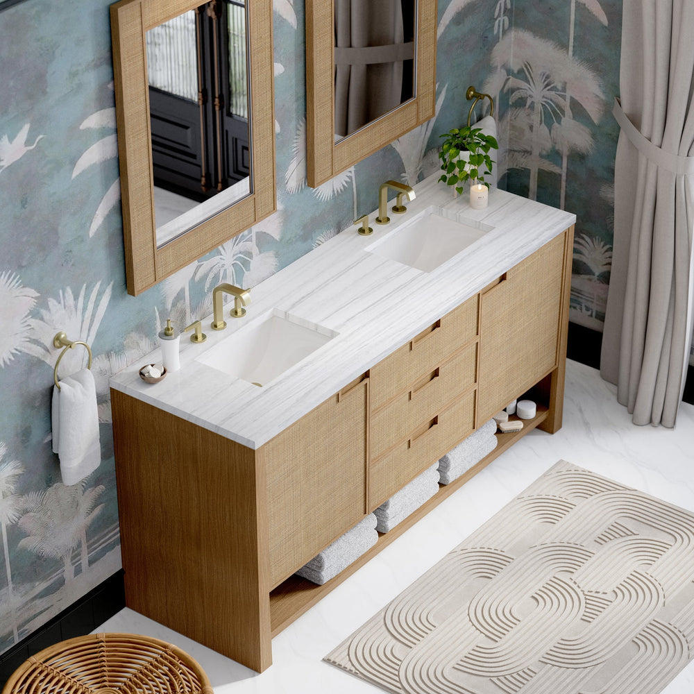 
                  
                    Solene 72" Double Vanity in Seaside Oak Double Bathroom Vanity James Martin Vanities Arctic Fall Solid Surface 
                  
                