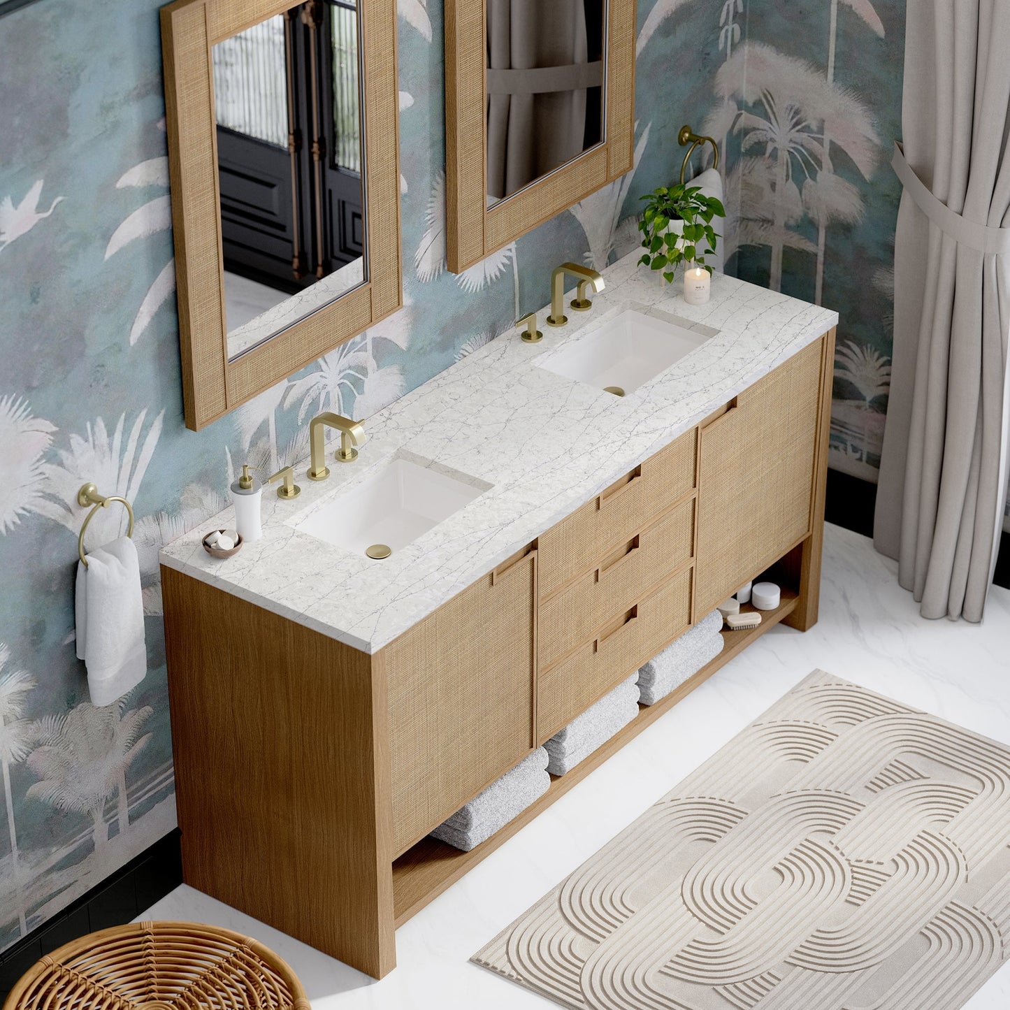 
                  
                    Solene 72" Double Vanity in Seaside Oak Double Bathroom Vanity James Martin Vanities Eternal Jasmine Pearl Silestone 
                  
                