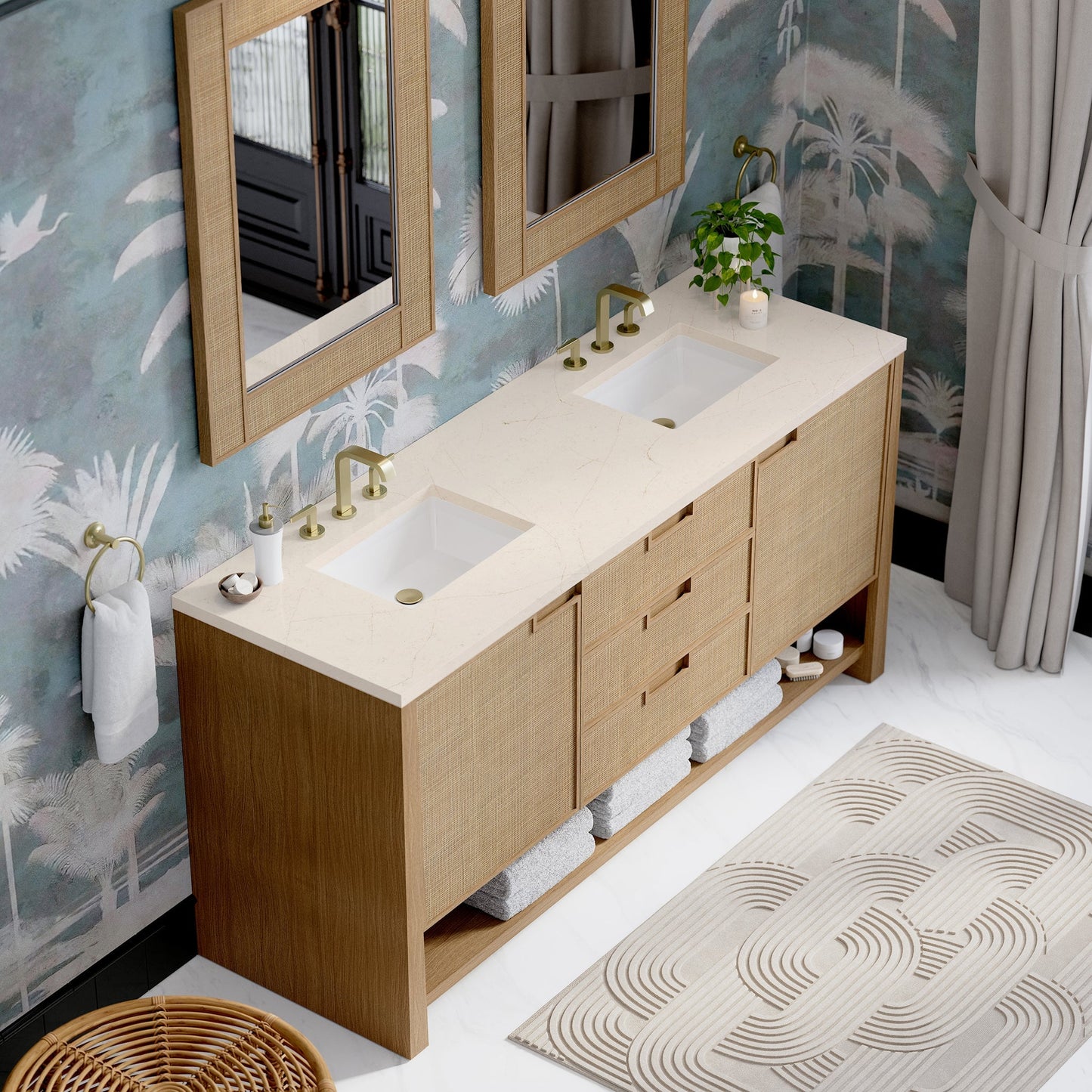 
                  
                    Solene 72" Double Vanity in Seaside Oak Double Bathroom Vanity James Martin Vanities Eternal Marfil Silestone 
                  
                