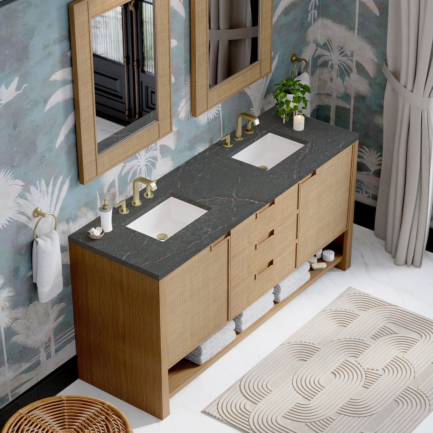 
                  
                    Solene 72" Double Vanity in Seaside Oak Double Bathroom Vanity James Martin Vanities Parisien Bleu Silestone 
                  
                