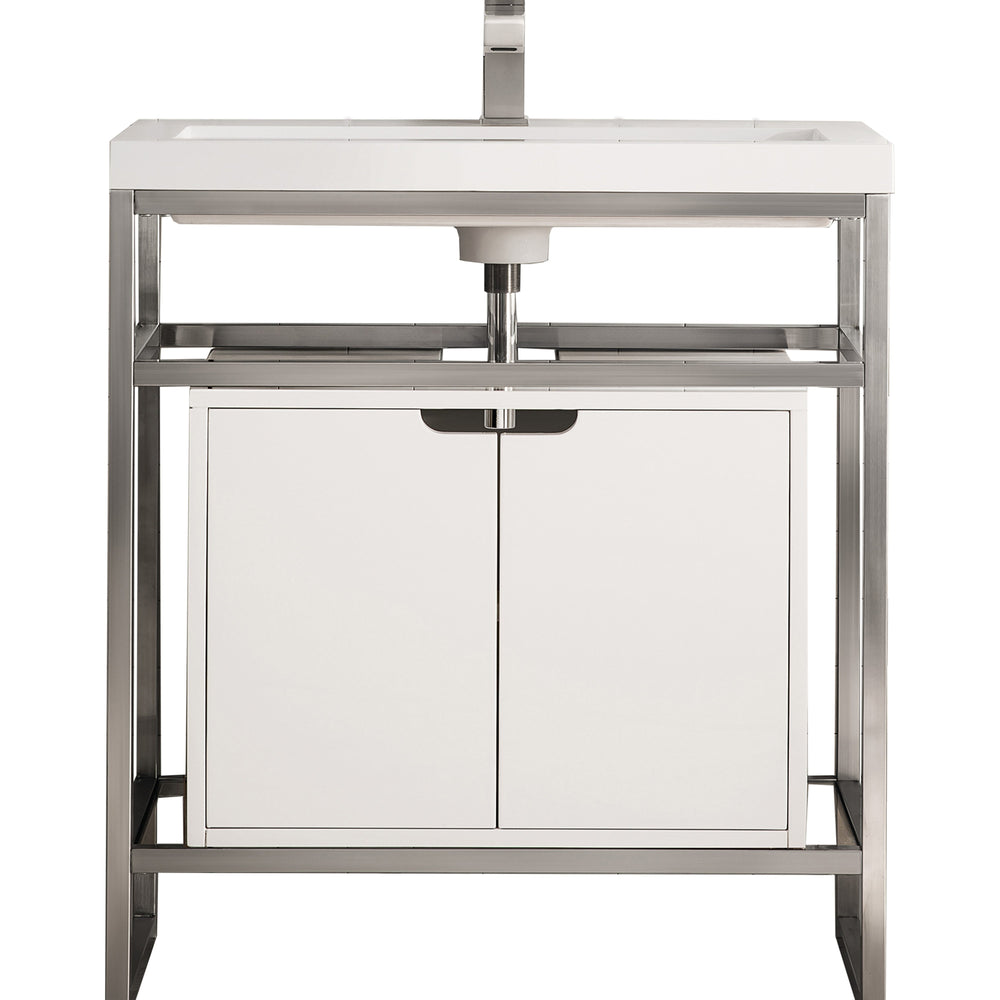 
                  
                    Boston 31.5 Stainless Steel Sink Console Single Bathroom Vanity Single Bathroom Vanity James Martin Vanities Brushed Nickel Glossy White Cabinet 
                  
                