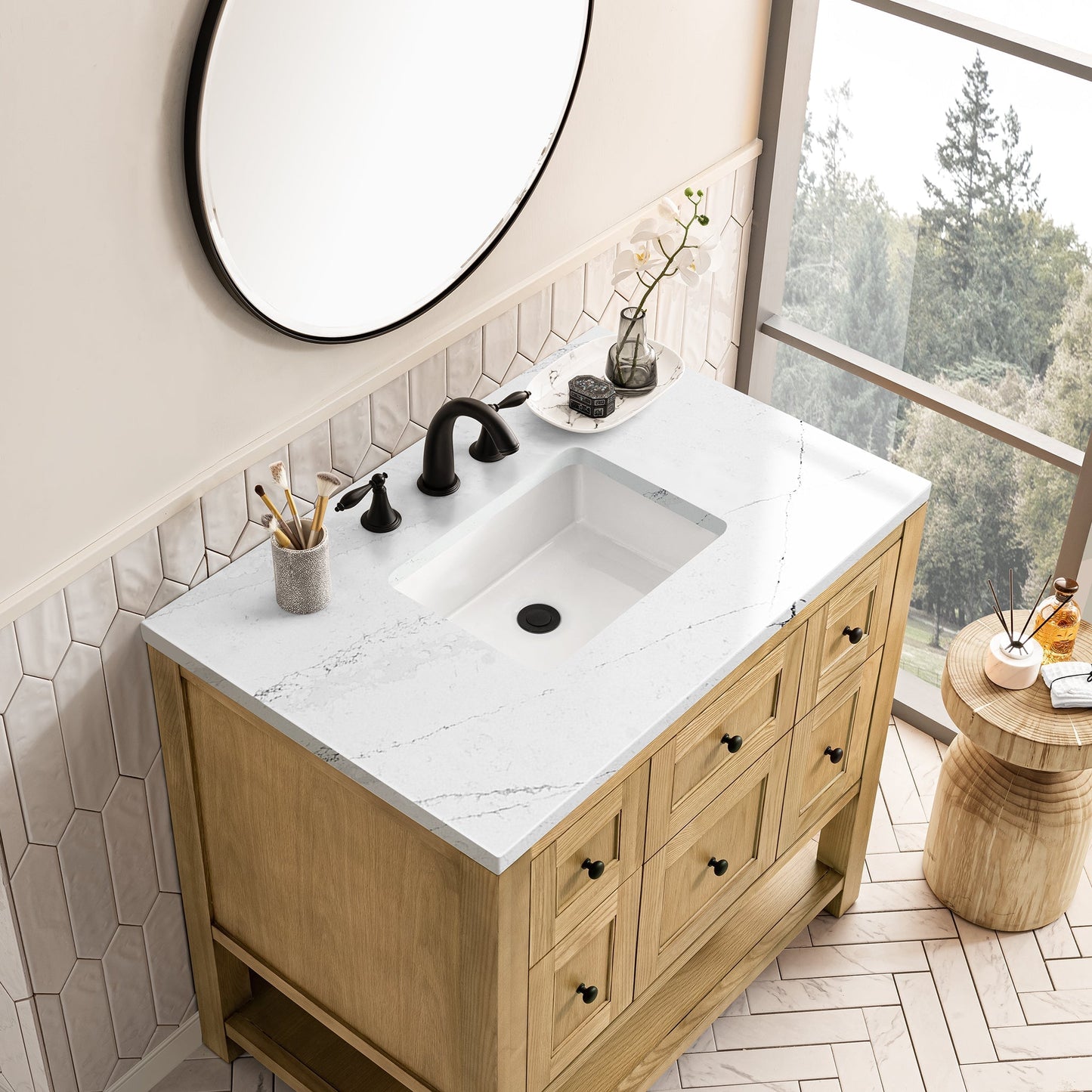
                  
                    Breckenridge 36" Single Vanity in Light Natural Oak Single Bathroom Vanity James Martin Vanities Ethereal Noctis Quartz 
                  
                