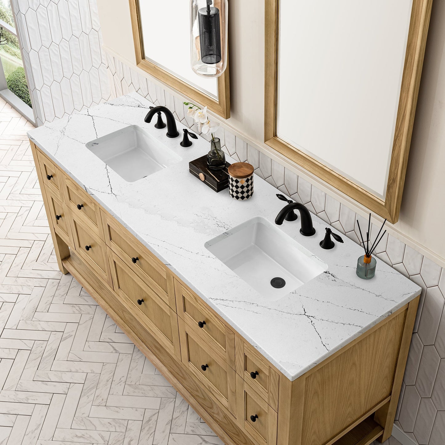 
                  
                    Breckenridge 72" Double Vanity in Light Natural Oak Double Bathroom Vanity James Martin Vanities Ethereal Noctis Quartz 
                  
                