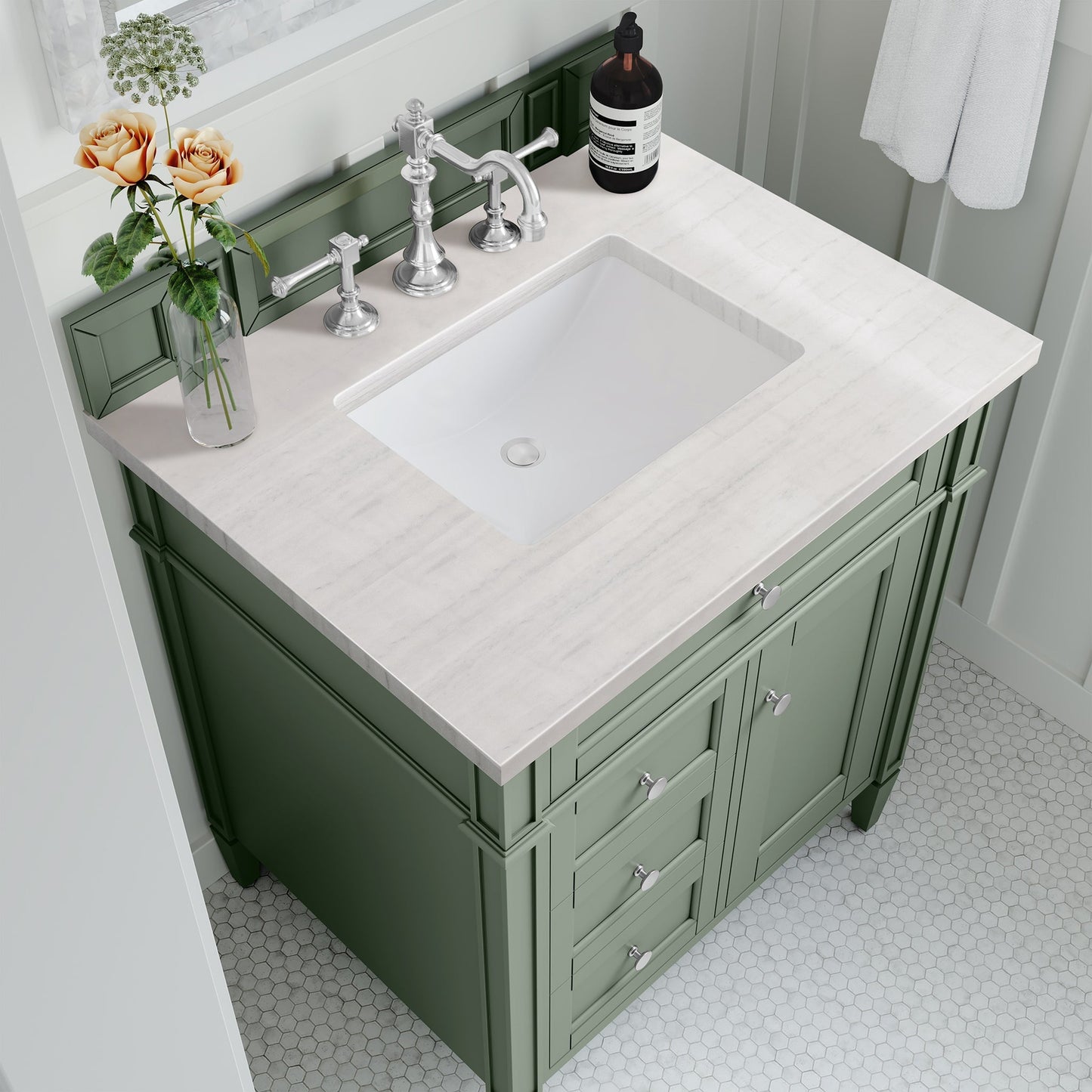 
                  
                    Brittany 36" Single Bathroom Vanity in Smokey Celadon Single Bathroom Vanity James Martin Vanities Arctic Fall Solid Surface 
                  
                