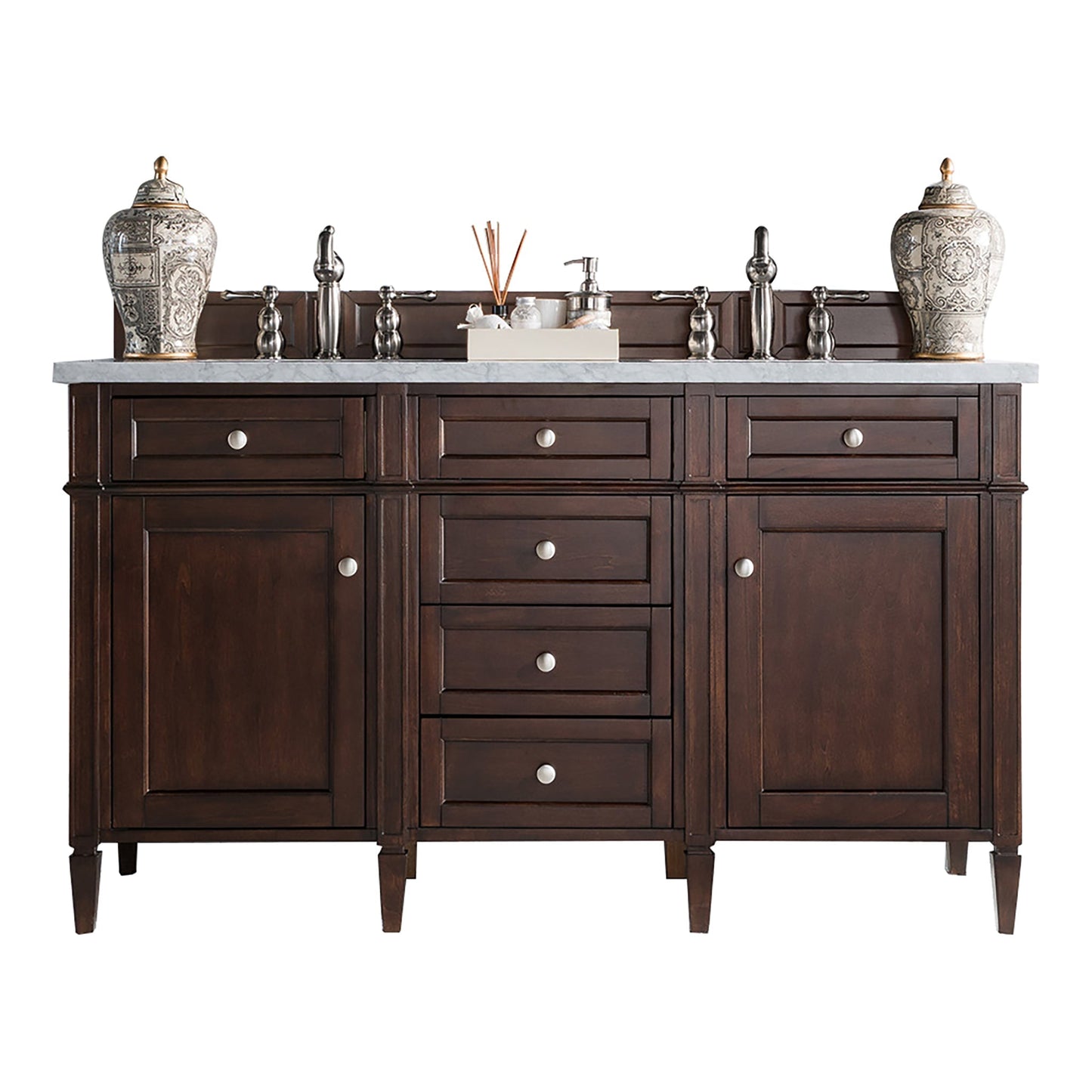 
                  
                    Brittany 60" Double Bathroom Vanity in Burnished Mahogany Double bathroom Vanity James Martin Vanities Carrara White Marble 
                  
                