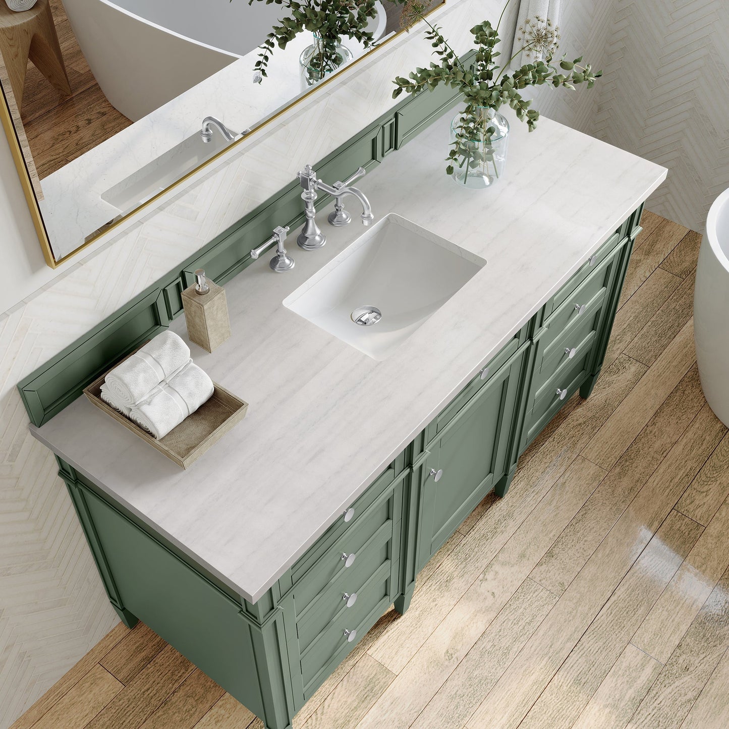 
                  
                    Brittany 60" Single Bathroom Vanity in Smokey Celadon Single Bathroom Vanity James Martin Vanities Arctic Fall Solid Surface 
                  
                