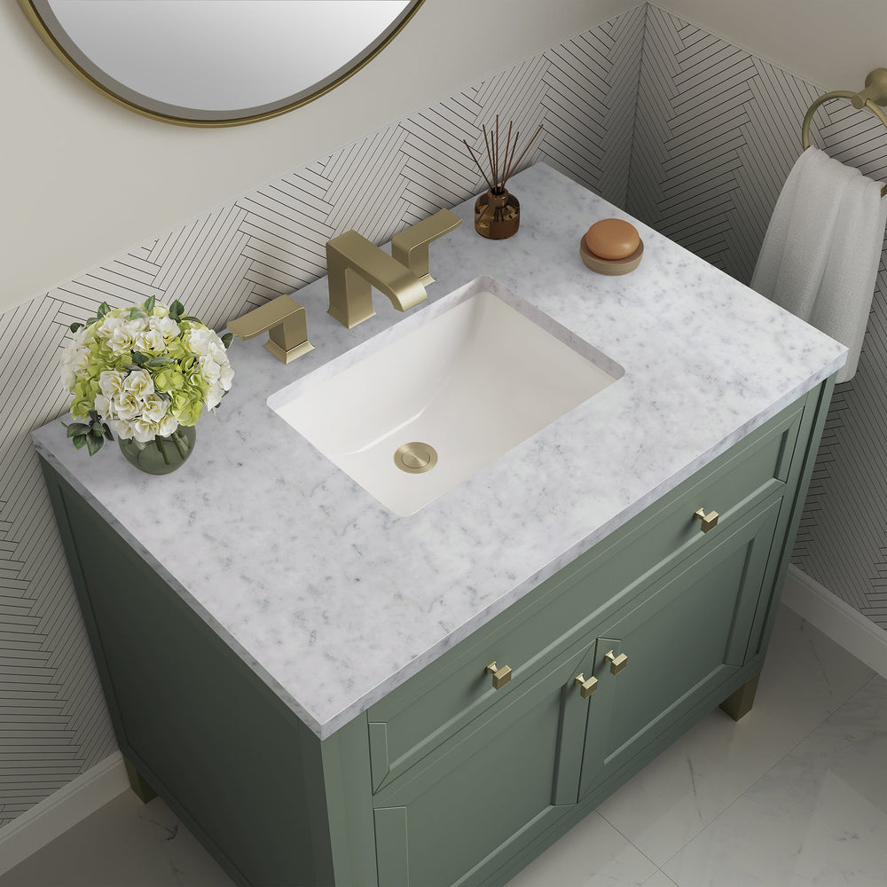 
                  
                    Chicago 36" Single Bathroom Vanity in Smokey Celadon Single Bathroom Vanity James Martin Vanities Carrara White Marble 
                  
                