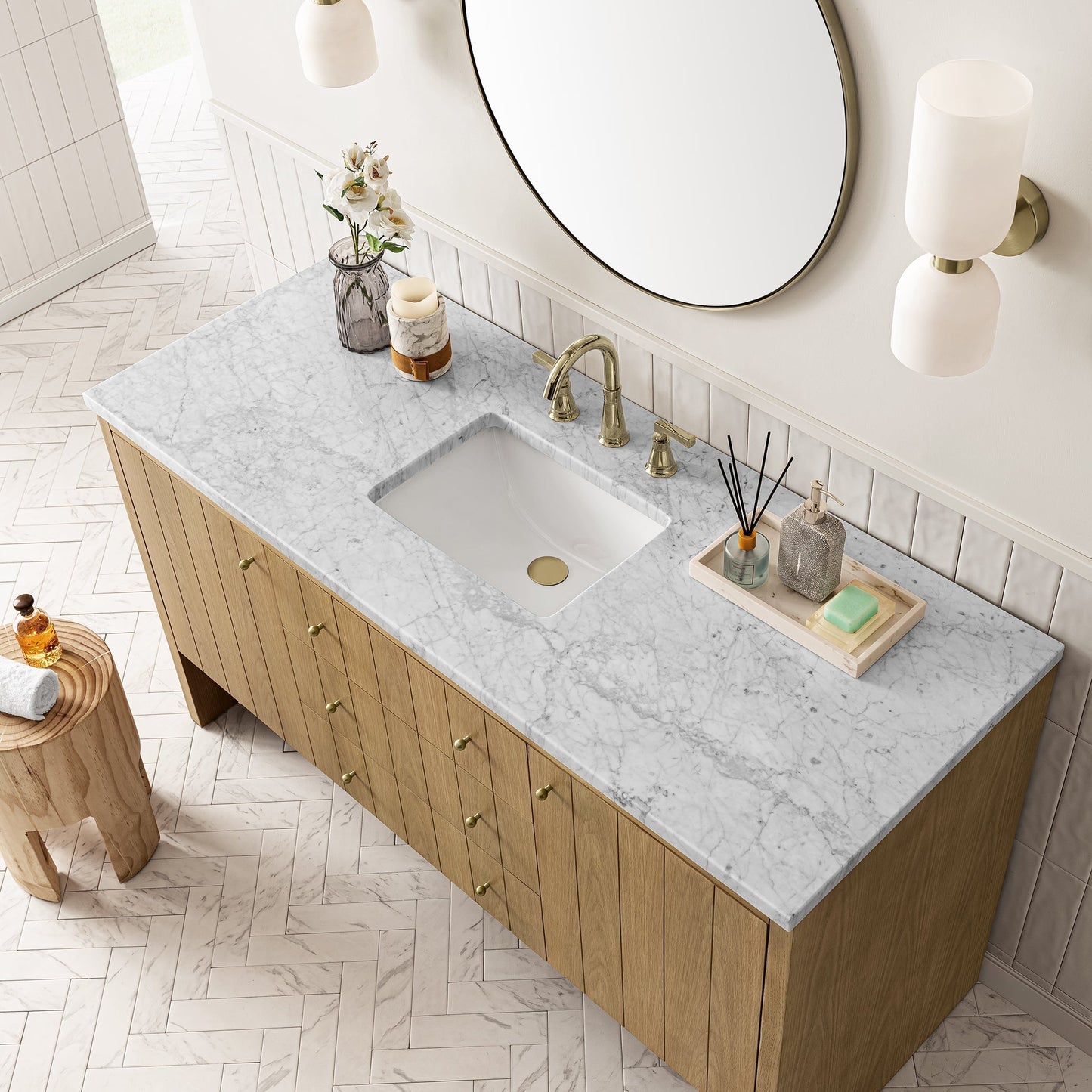 
                  
                    Hudson 60" Single Vanity Double Bathroom Vanity James Martin Vanities Light Natural Oak Carrara White Marble 
                  
                