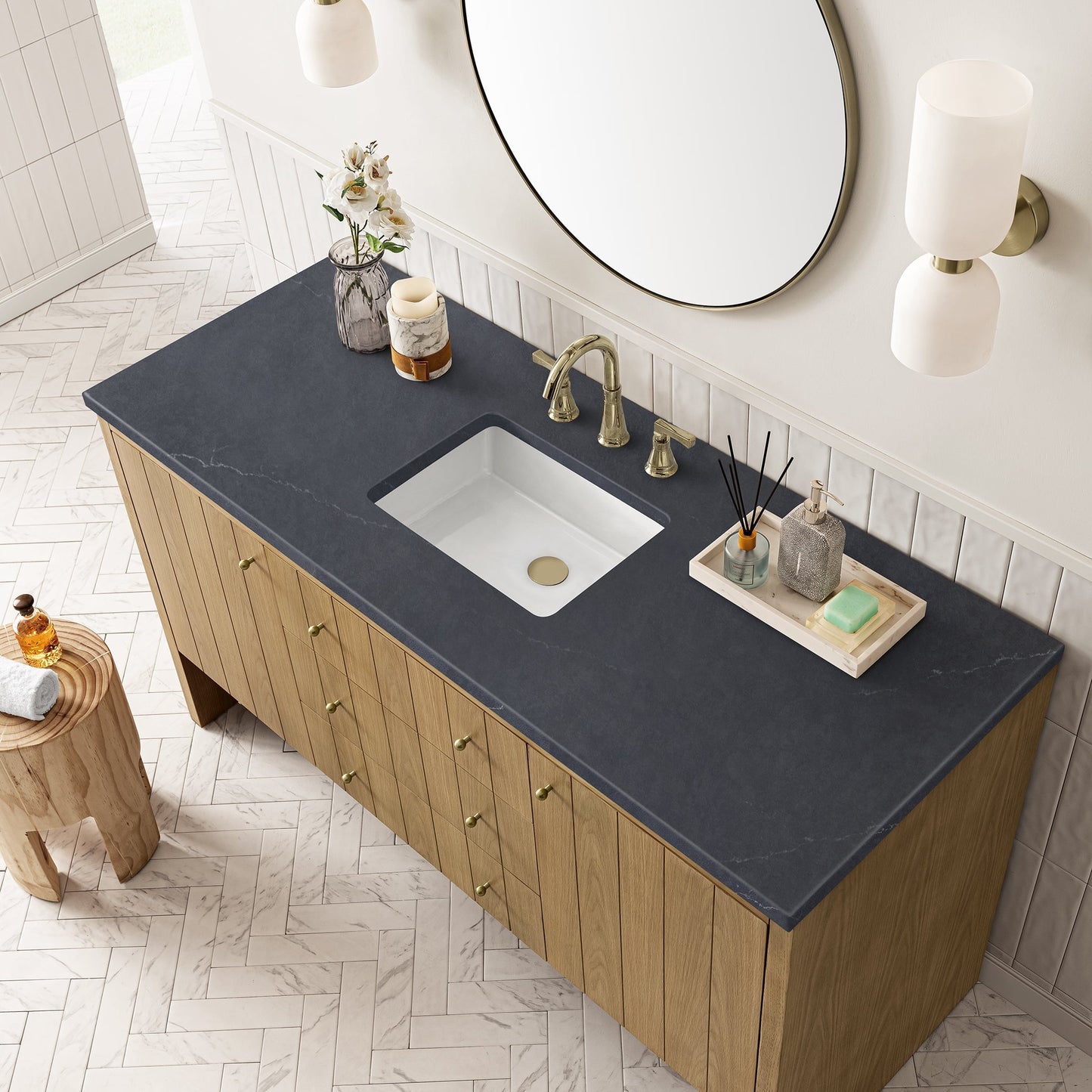 
                  
                    Hudson 60" Single Vanity Double Bathroom Vanity James Martin Vanities Light Natural Oak Charcoal Soapstone Quartz 
                  
                
