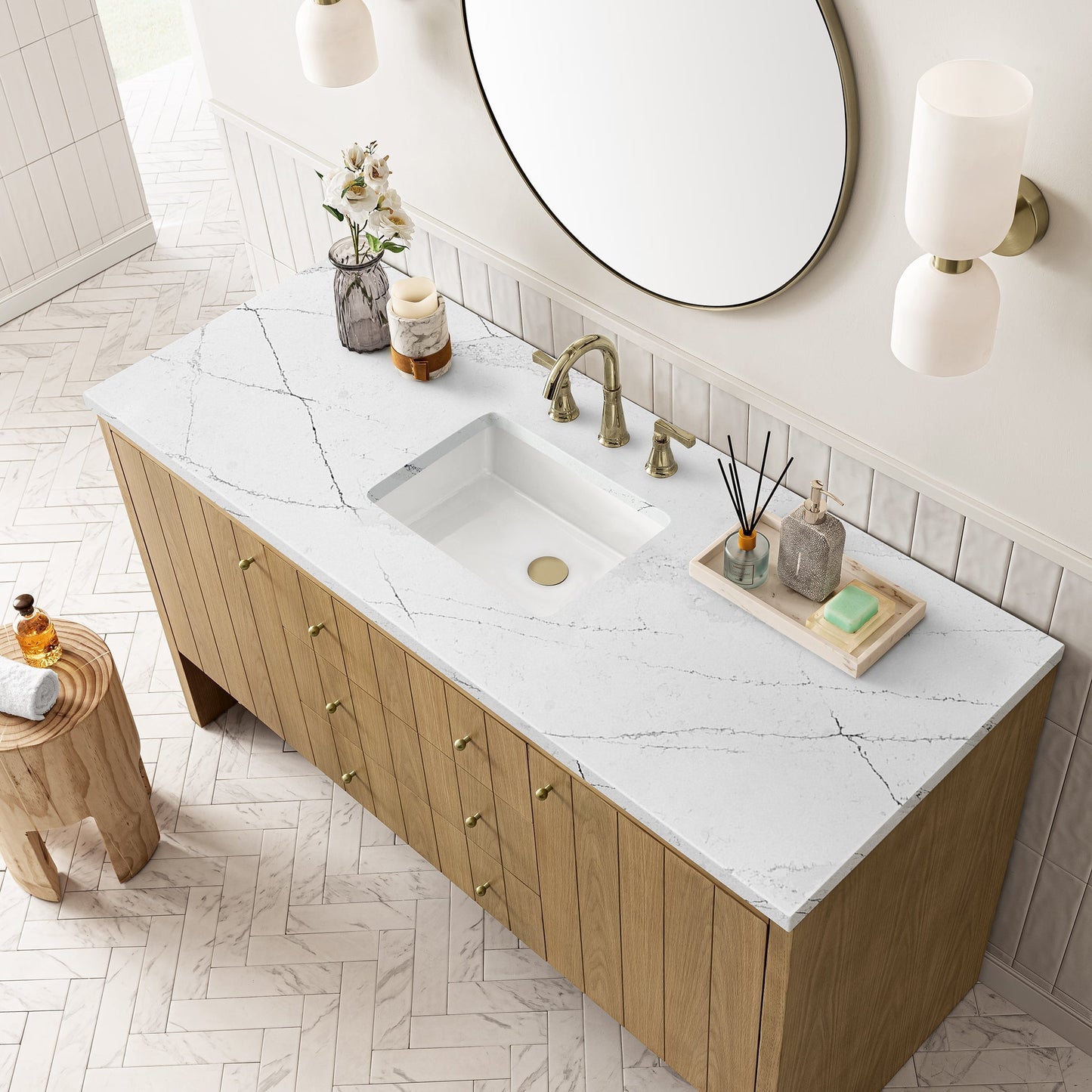 
                  
                    Hudson 60" Single Vanity Double Bathroom Vanity James Martin Vanities Light Natural Oak Ethereal Noctis Quartz 
                  
                