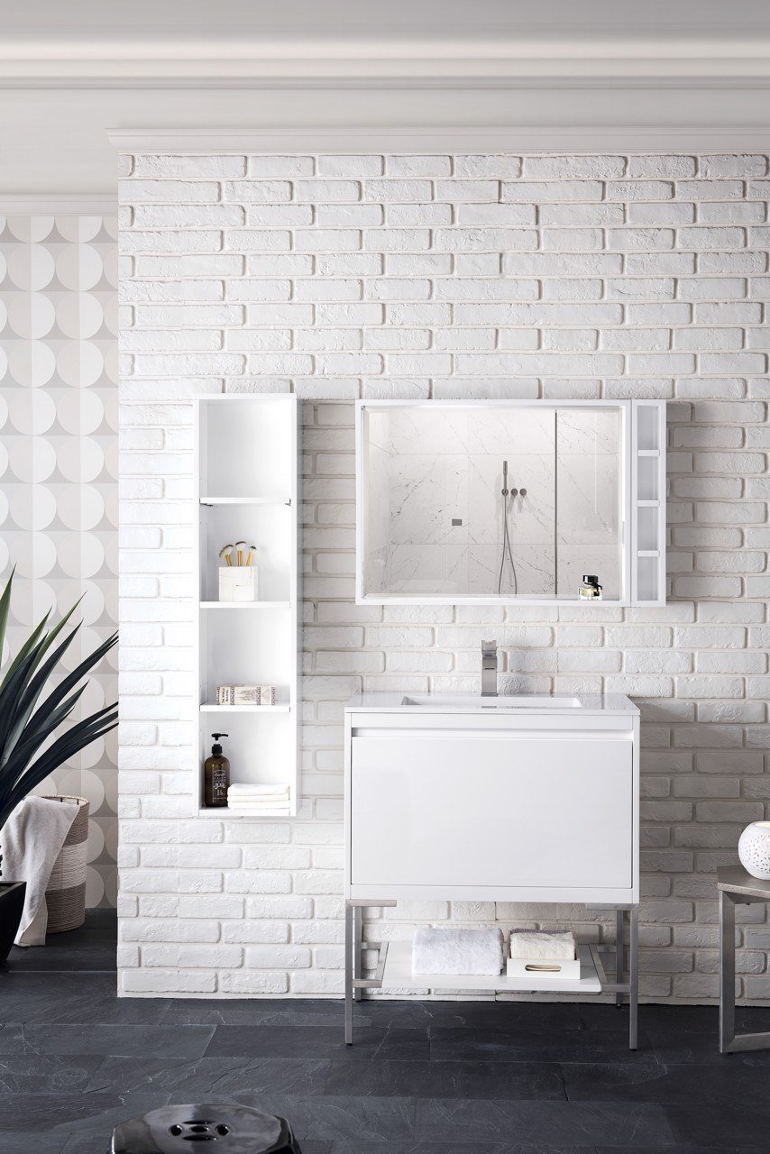 
                  
                    Milan 31.5" Single Vanity Cabinet, Glossy White, Brushed Nickel Base Single Bathroom Vanity James Martin Vanities 
                  
                