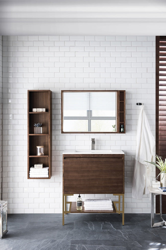 Milan 31.5" Single Vanity Cabinet, Mid Century Walnut, Radiant Gold Base Single Bathroom Vanity James Martin Vanities 