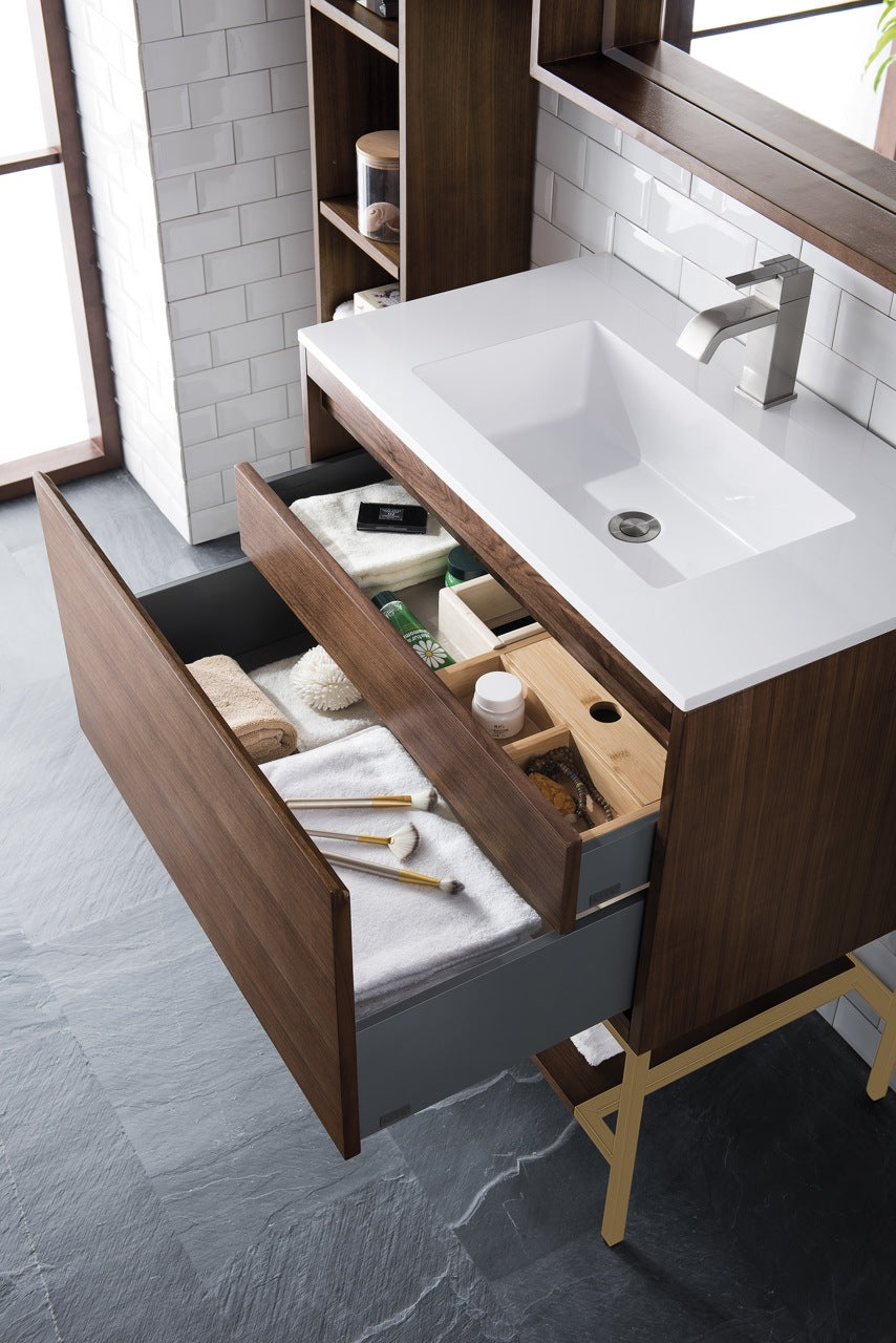 
                  
                    Milan 31.5" Single Vanity Cabinet, Mid Century Walnut, Radiant Gold Base Single Bathroom Vanity James Martin Vanities 
                  
                
