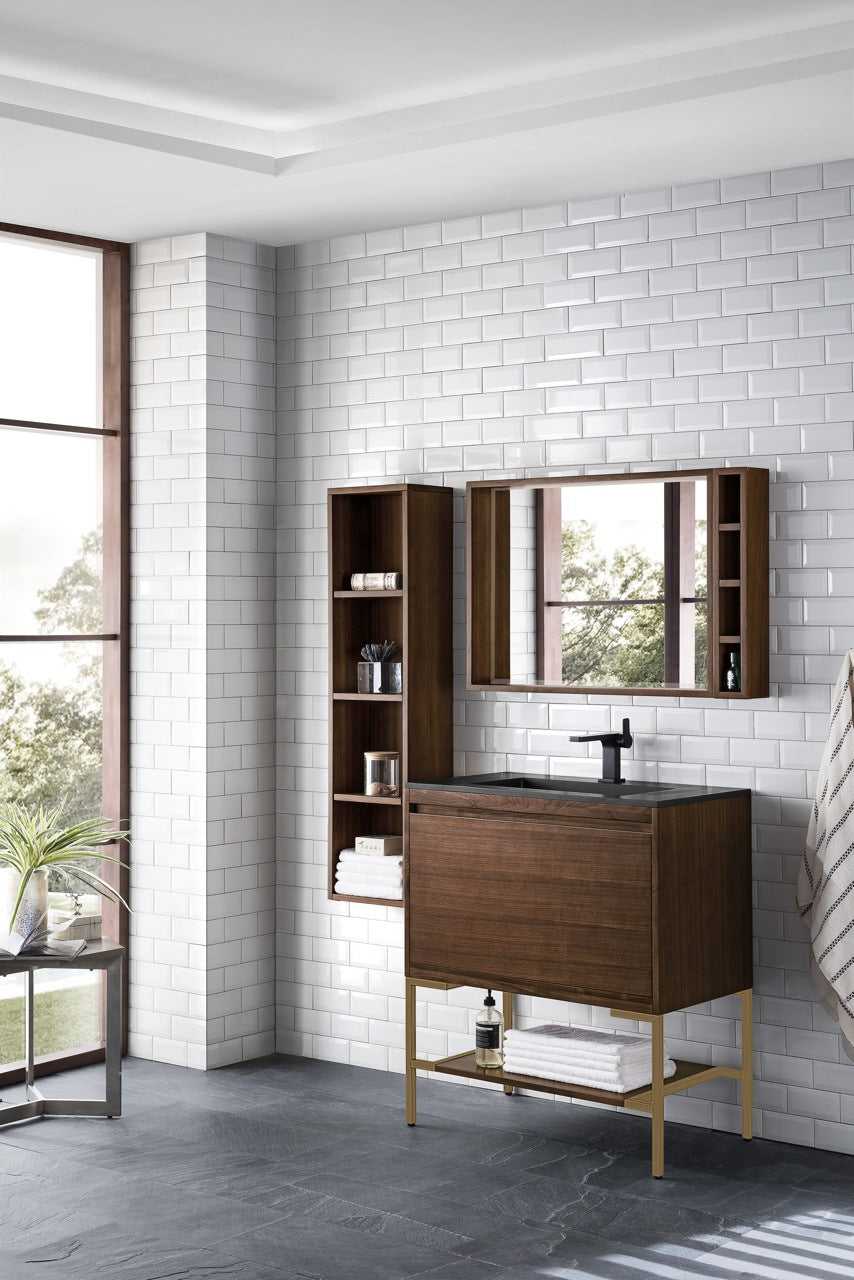 
                  
                    Milan 31.5" Single Vanity Cabinet, Mid Century Walnut, Radiant Gold Base Single Bathroom Vanity James Martin Vanities 
                  
                