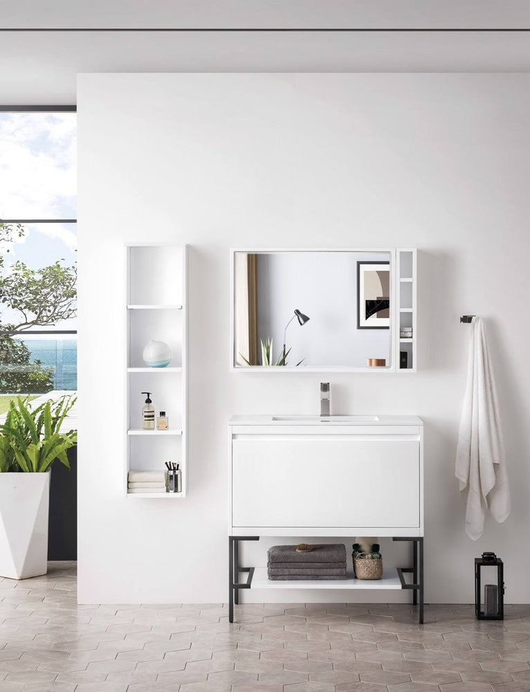 Milan 35.4" Single Vanity Cabinet, Glossy White, Matte Black Base Single Bathroom Vanity James Martin Vanities 