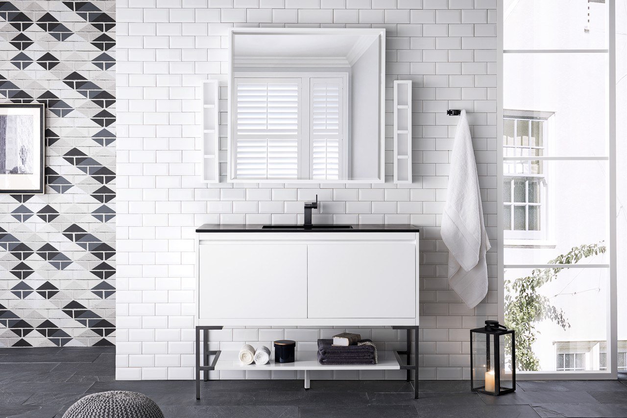 
                  
                    Milan 47.3" Single Vanity Cabinet, Glossy White, Matte Black Base Single Bathroom Vanity James Martin Vanities 
                  
                