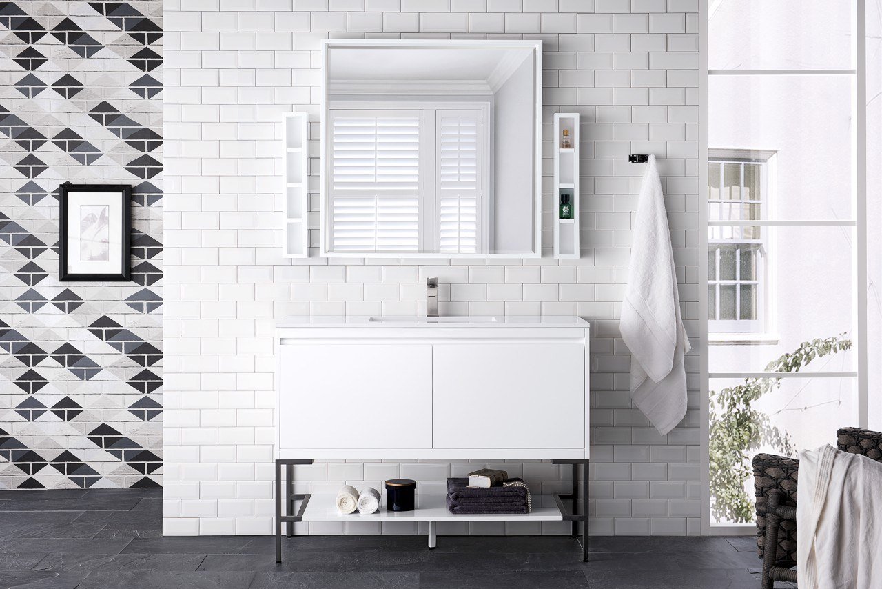 Milan 47.3" Single Vanity Cabinet, Glossy White, Matte Black Base Single Bathroom Vanity James Martin Vanities 