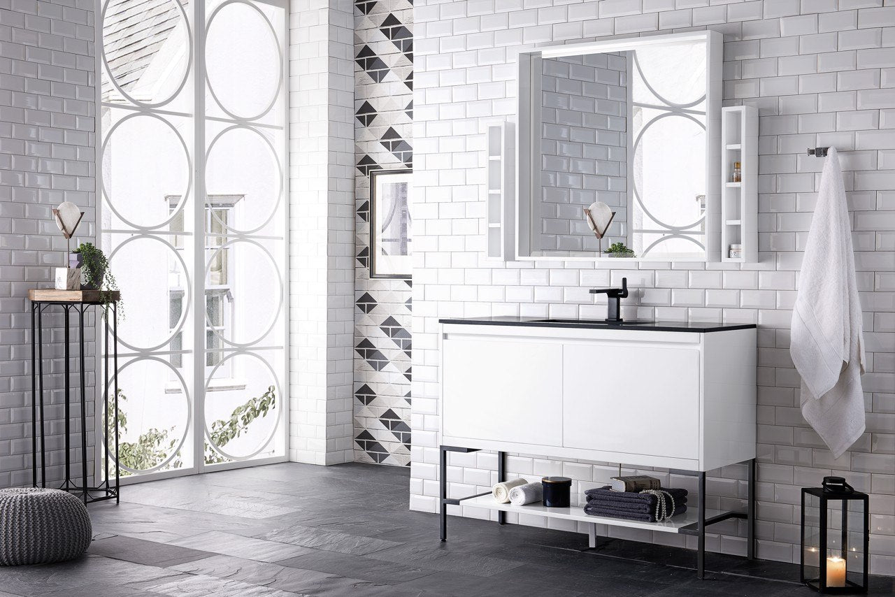 
                  
                    Milan 47.3" Single Vanity Cabinet, Glossy White, Matte Black Base Single Bathroom Vanity James Martin Vanities 
                  
                
