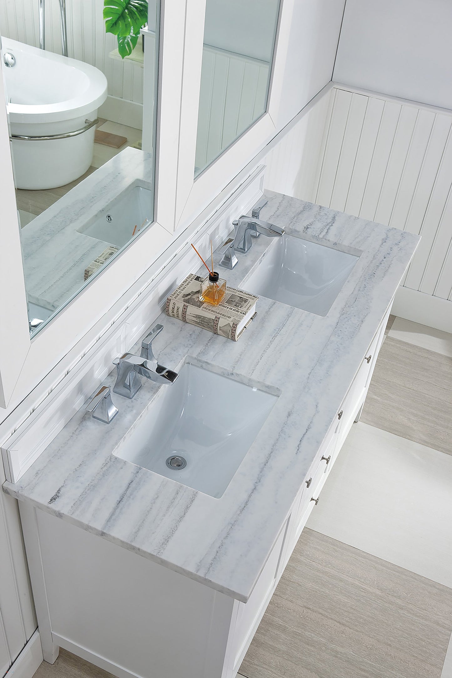 
                  
                    Palisades 60" Double Bathroom Vanity Single Bathroom Vanity James Martin Vanities Bright White Arctic Fall Solid Surface 
                  
                