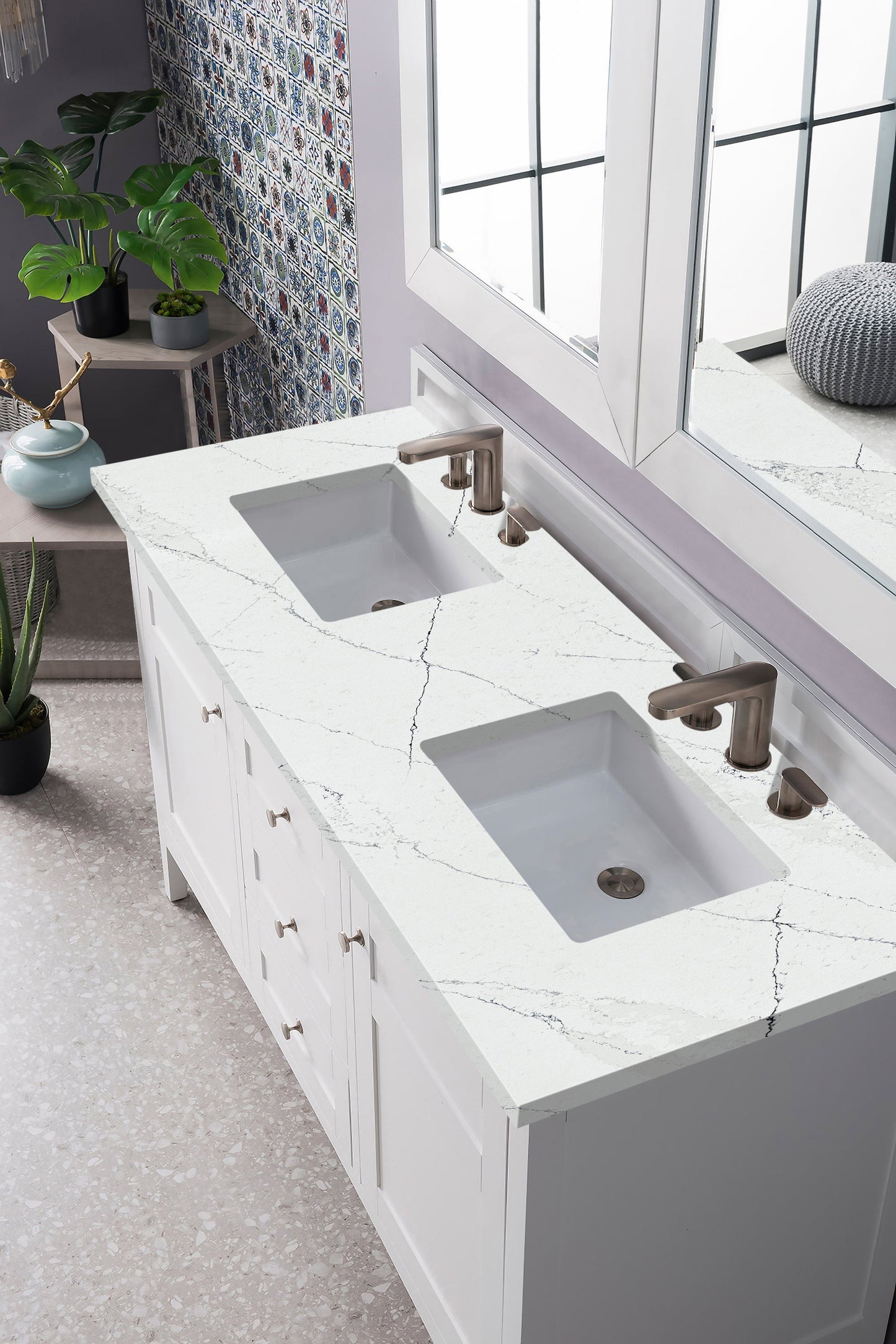 
                  
                    Palisades 60" Double Bathroom Vanity Single Bathroom Vanity James Martin Vanities Bright White Ethereal Noctis Quartz 
                  
                